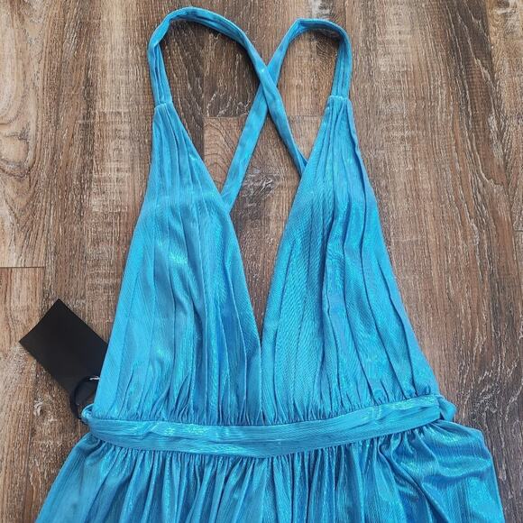 Retrofete Tova Dress in Aqua Blue Size Large NWT Metallic Sleeveless V Neck - Picture 4 of 14